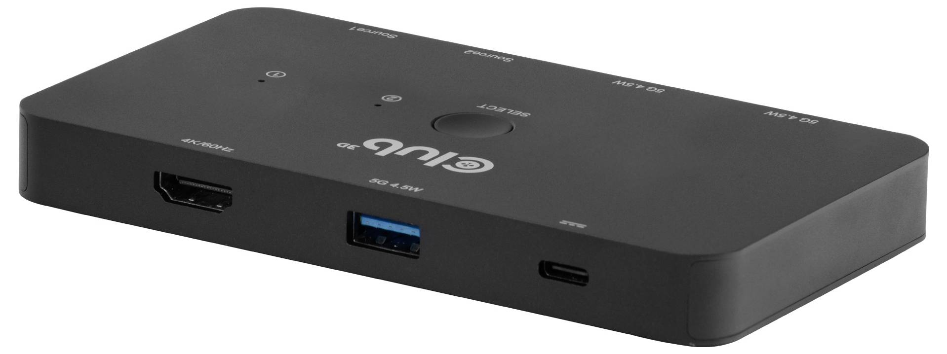 Čierny obdĺžnikový USB-C hub s portmi HDMI, USB-A a USB-C zobrazený na bielom pozadí.