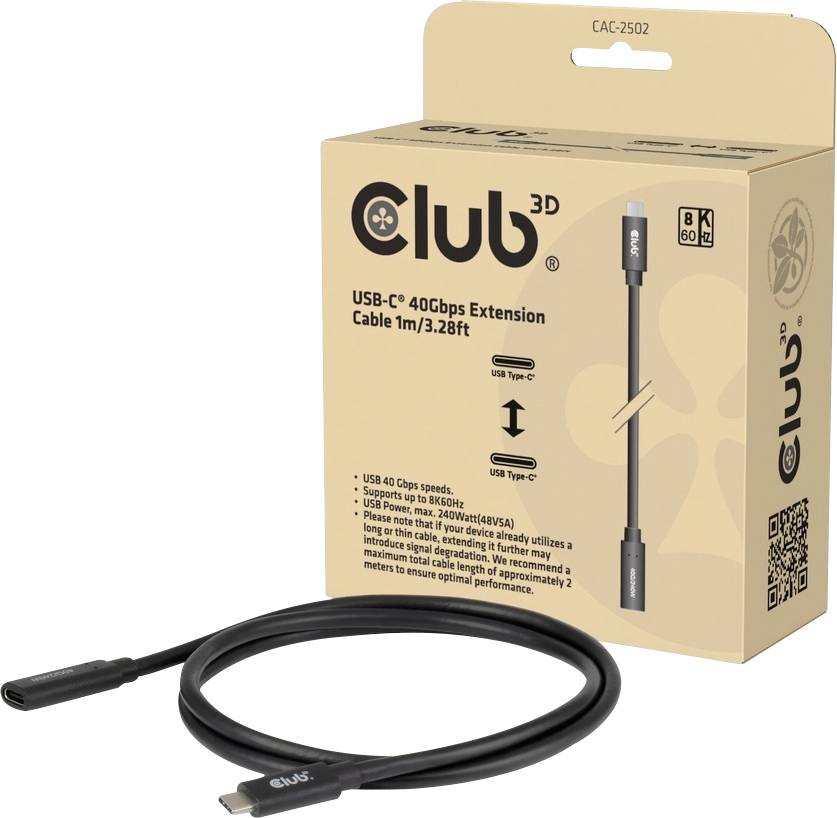 Kábel Club 3D USB-C 40 Gbps na predĺženie, 1 m, zobrazený zvinutý pred svojou krabičkou v maloobchodnom balení.