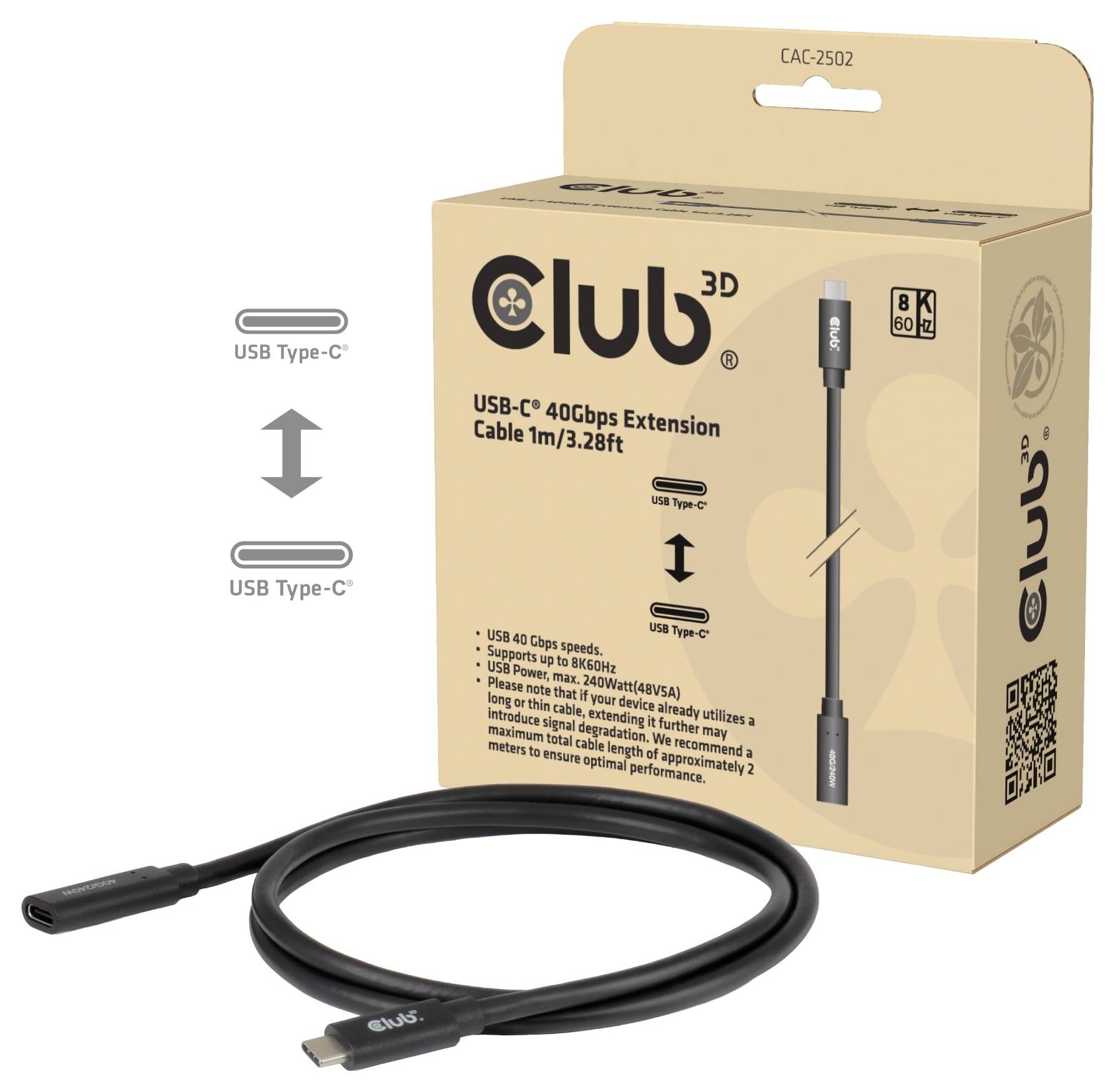 Kábel USB-C 40Gbps Club 3D, extenzný, 1m/3,28 ft, zobrazený s krabicou produktu a konektormi kábla.
