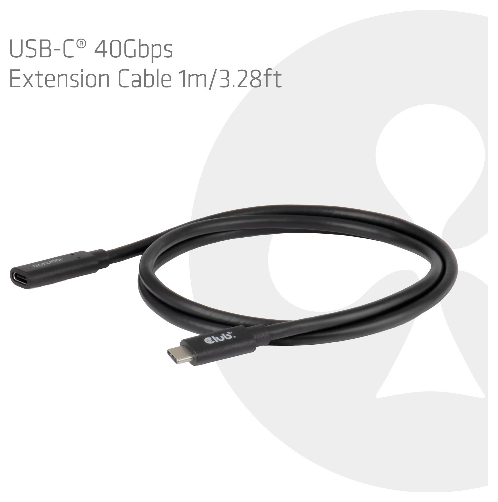 Kábel USB-C 40Gbps predlžovací, 1m/3,28 ft, znázornený zvinuto s USB-C konektormi samček a samica.