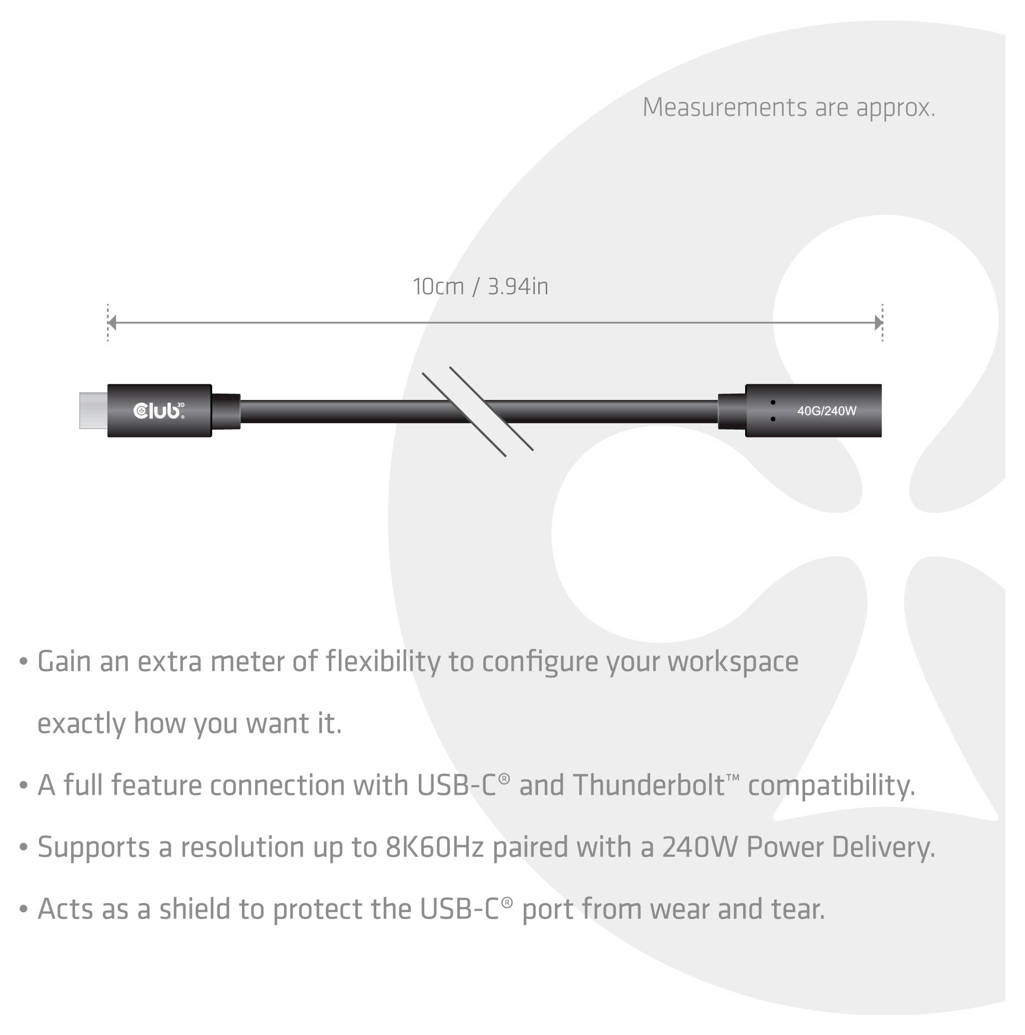 Ilustrácia 10 cm (3,94 palca) USB-C kábla s logom "Club" a konektor 40G/240W, zdôrazňujúca flexibilné použitie na pracovisku, kompatibilitu USB-C/Thunderbolt, rozlíšenie 8K60Hz a ochranu portu.