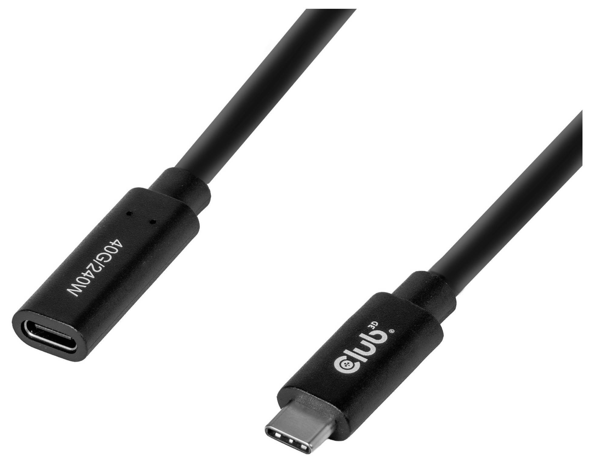 Čierny kábel USB-C s jedným USB-C konektorom a jednou USB-C zásuvkou, znázornený na bielom pozadí.