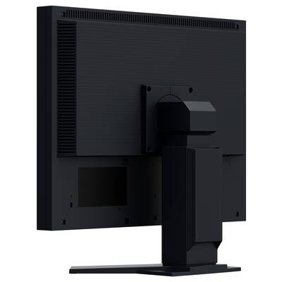 Zadný pohľad na plochý monitor na stojane s viditeľným zadným panelom, oblasťou upevnenia a podporou na správu káblov.