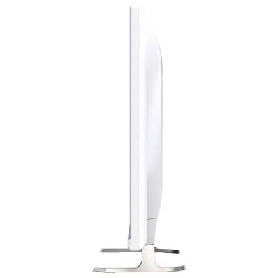 Bočný pohľad na biely všetko-v-jednom počítač s LCD monitorom na striebornom podstavci, ktorý ukazuje štíhly profil a zaoblené zadné časti.