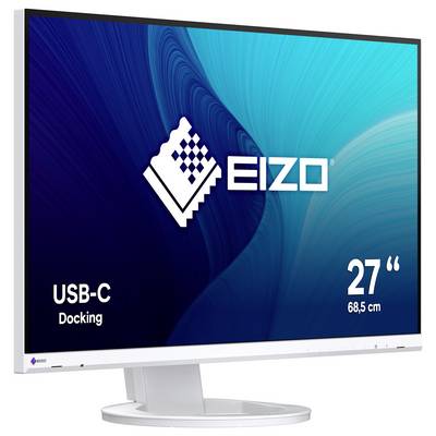 EIZO 27-palcový monitor s textom "USB-C Docking" na modrej obrazovke, zobrazený na bielom statíve