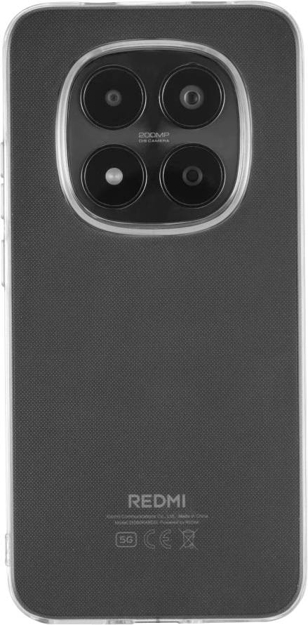 Zadná strana čierneho smartfónu Redmi so štvorhrannými štyrmi fotoaparátmi a bleskom na vrchu, v strede umiestnené značkovanie Redmi blízko spodku.