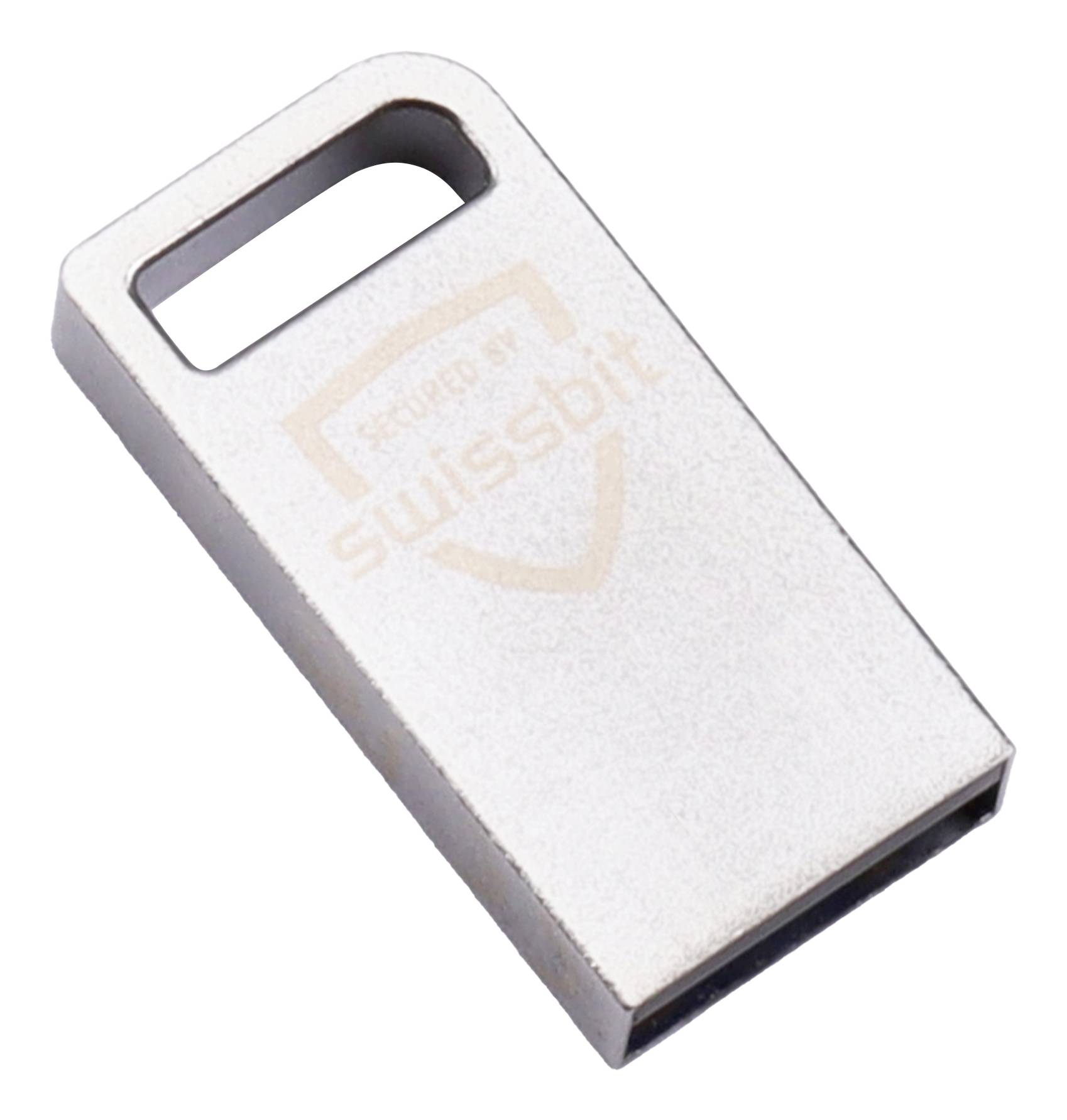 Malý strieborný USB flash disk s obdĺžnikovým závesným otvorom, zobrazený na bielom pozadí.