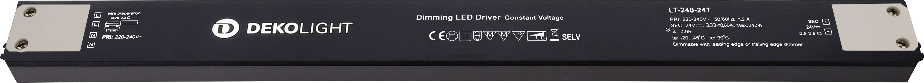 Čierny Dekolight dimmovací LED ovládací modul konvertora s vytlačenými podrobnosťami produktu a montážnymi konzolami na oboch koncoch.