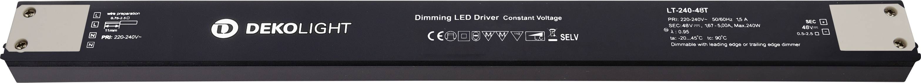 Regulátor jasu LED s tlmením Dekolight označený LT-18W-24V, s vytlačenými drôtmi a certifikačnými symbolmi na čiernej obdĺžnikovej jednotke.