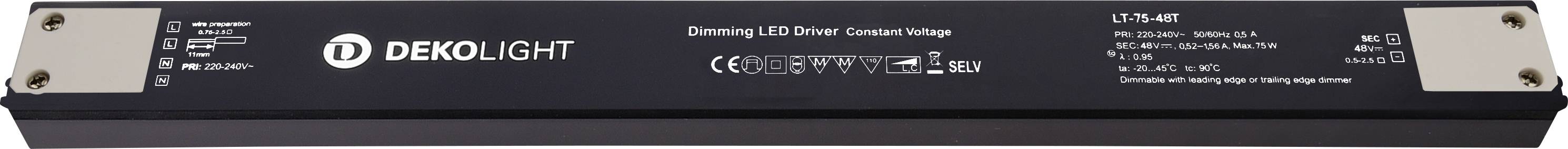 Dimmovateľný LED ovládač/konvertorný modul Dekolight, čierny obdĺžnikový prvok s vytlačenými špecifikáciami a zásuvkami na oboch koncoch.