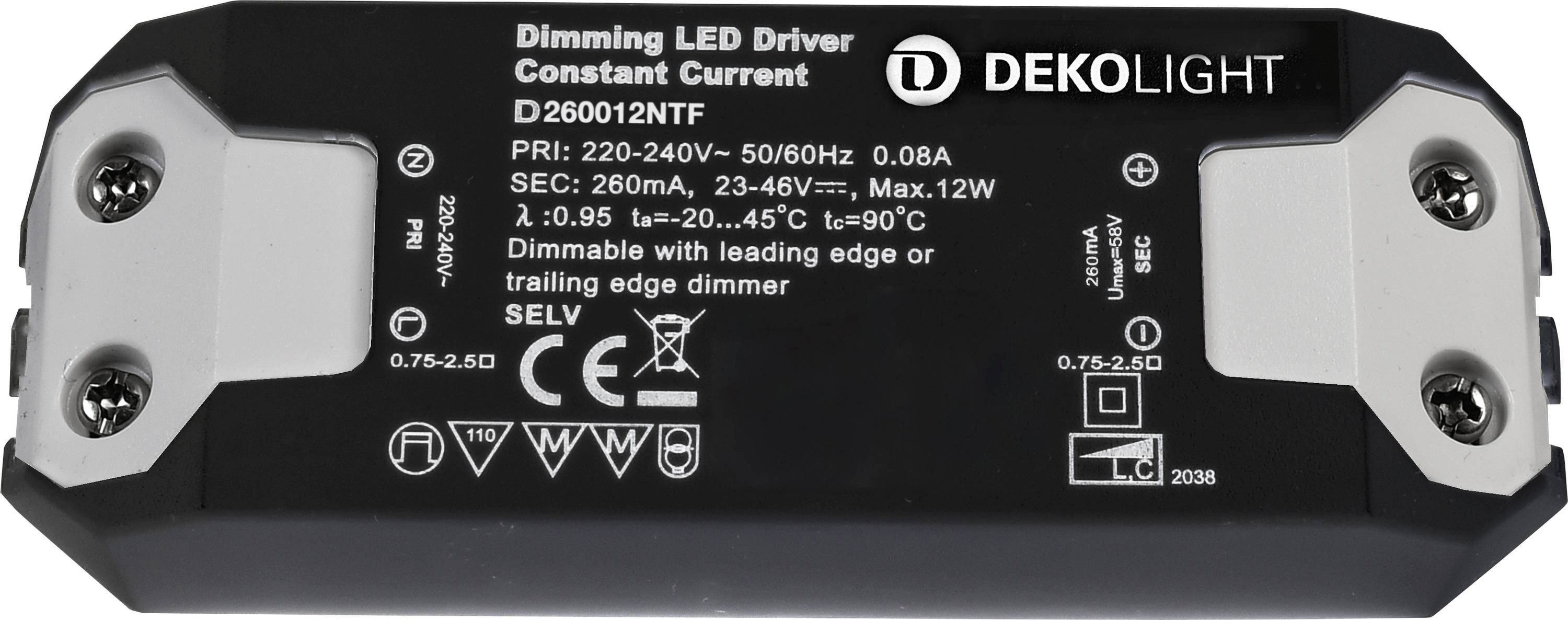 Čierny DEKOLIGHT regulovateľný LED ovládač značený D26012NTF, so vstupom 220-240V AC a výstupom 23-46V DC, max 12W.