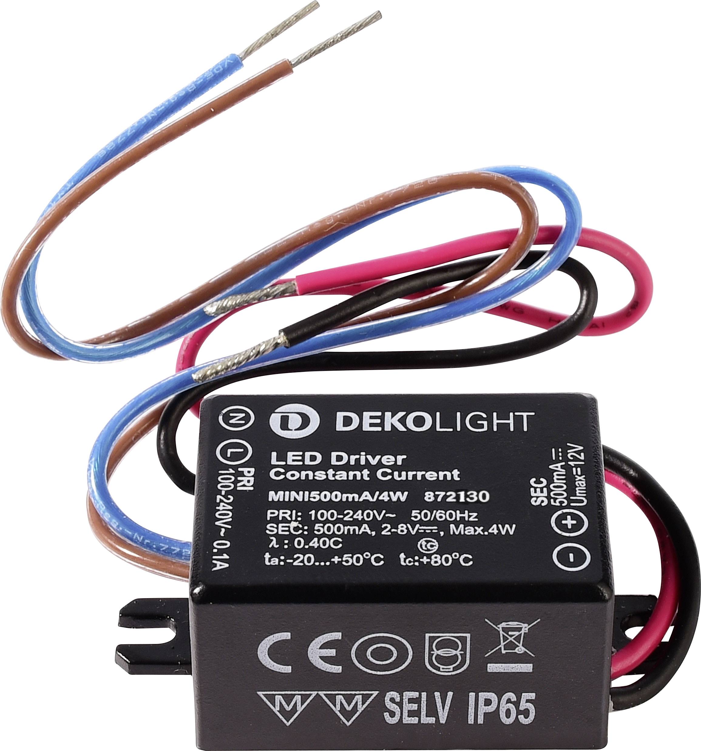 Čierny LED ovládač DEKOLIGHT s konštantným prúdom s viacfarebnými kábmi a tlačenými elektrickými špecifikáciami.