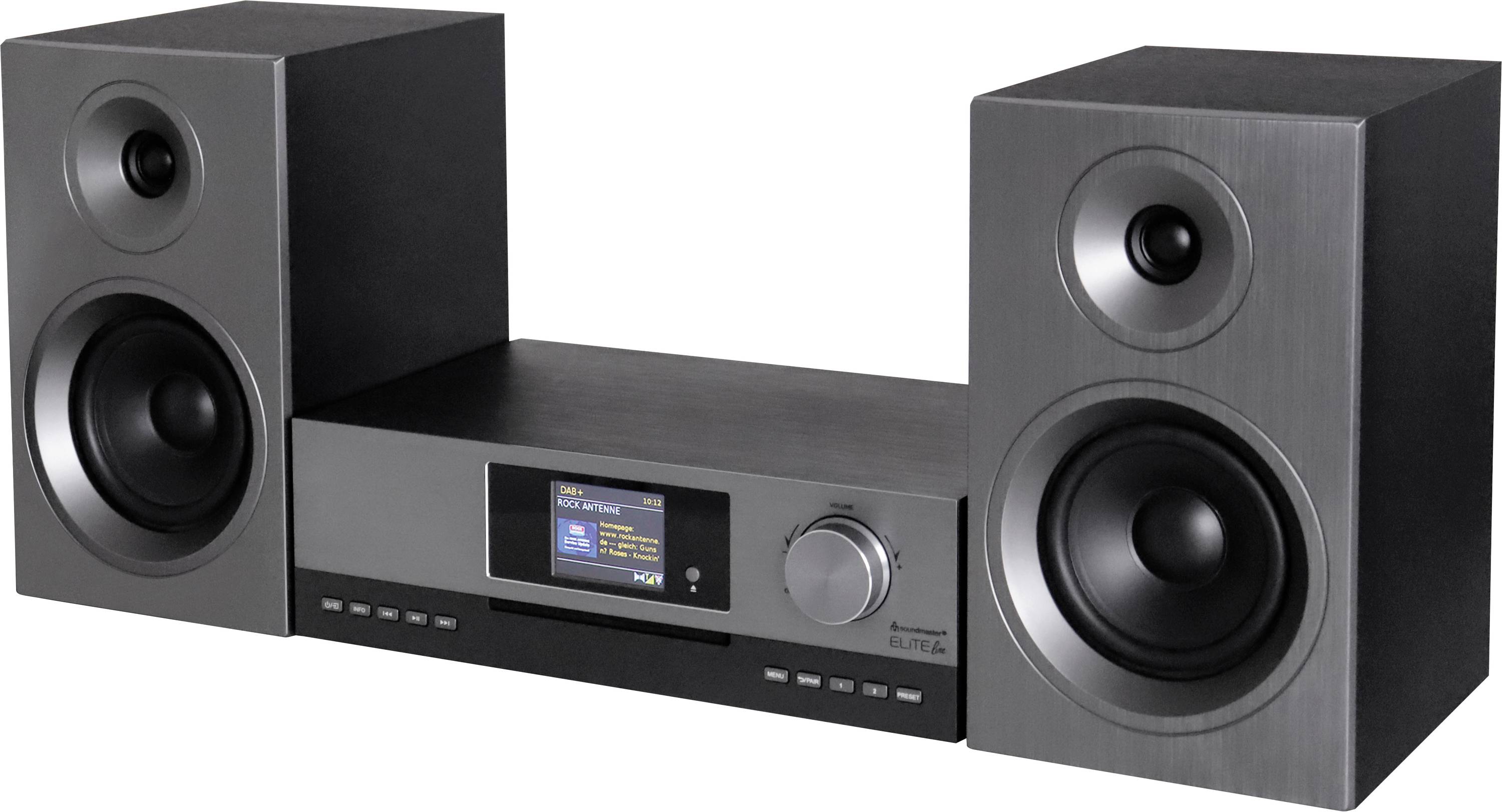 Soundmaster EliteLine Stereoset AUX, Bluetooth, CD, DAB+, WiFi, FM, MP3, Internetradio Incl. afstandsbediening, Spotify, Wekfunctie 2 x 50 W Aluminium, Grijs