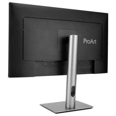 Zadný pohľad na monitor ASUS ProArt zobrazujúci stojan, ventilačné rebrá a centrálny otvor na správu káblov.