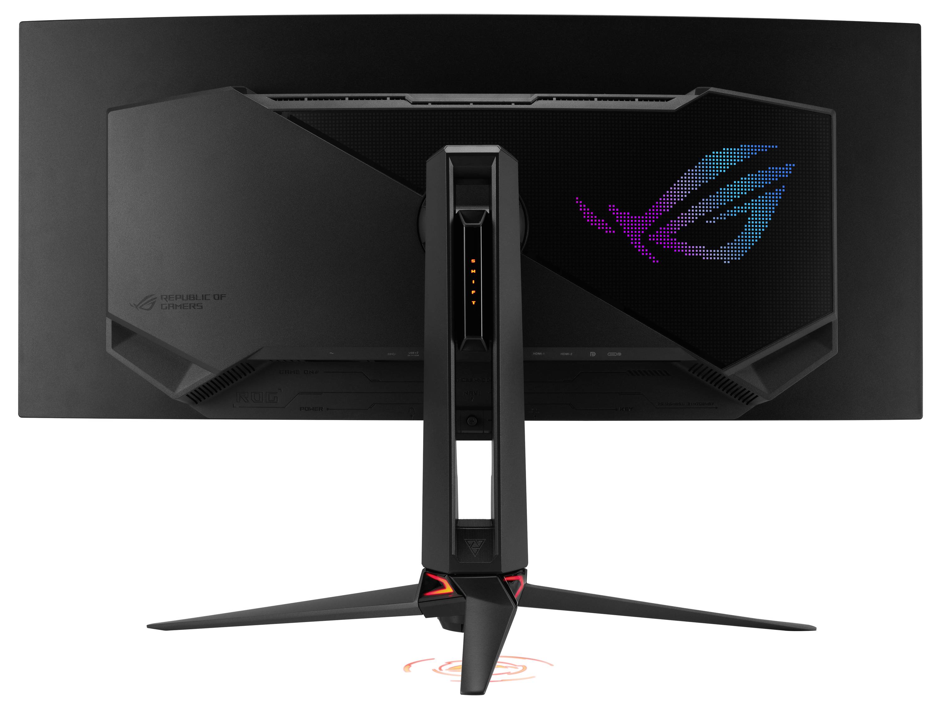 Zadný pohľad na zakrivený herný monitor ASUS ROG na statíve s osvetleným logom ROG a centrálnym statívom s priechodom na káble.