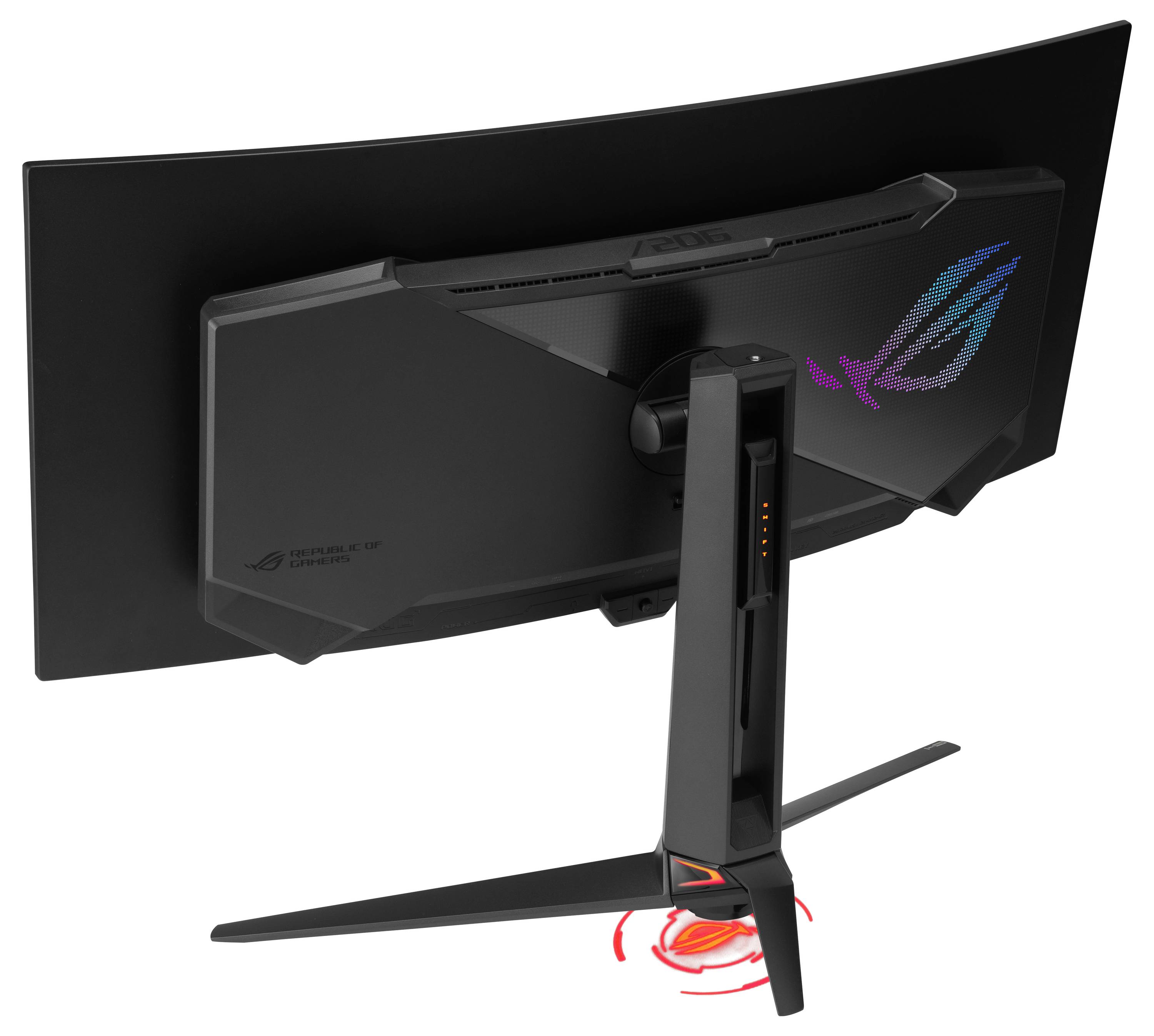 Zadný pohľad na zakrivenej hernej monitore ASUS ROG na podstave, ktorý ukazuje osvetlené logo ROG a dizajn riadenia káblov.