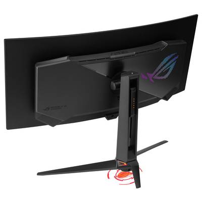 Zadný pohľad na zakrivenej hernej monitore ASUS ROG na podstave, ktorý ukazuje osvetlené logo ROG a dizajn riadenia káblov.