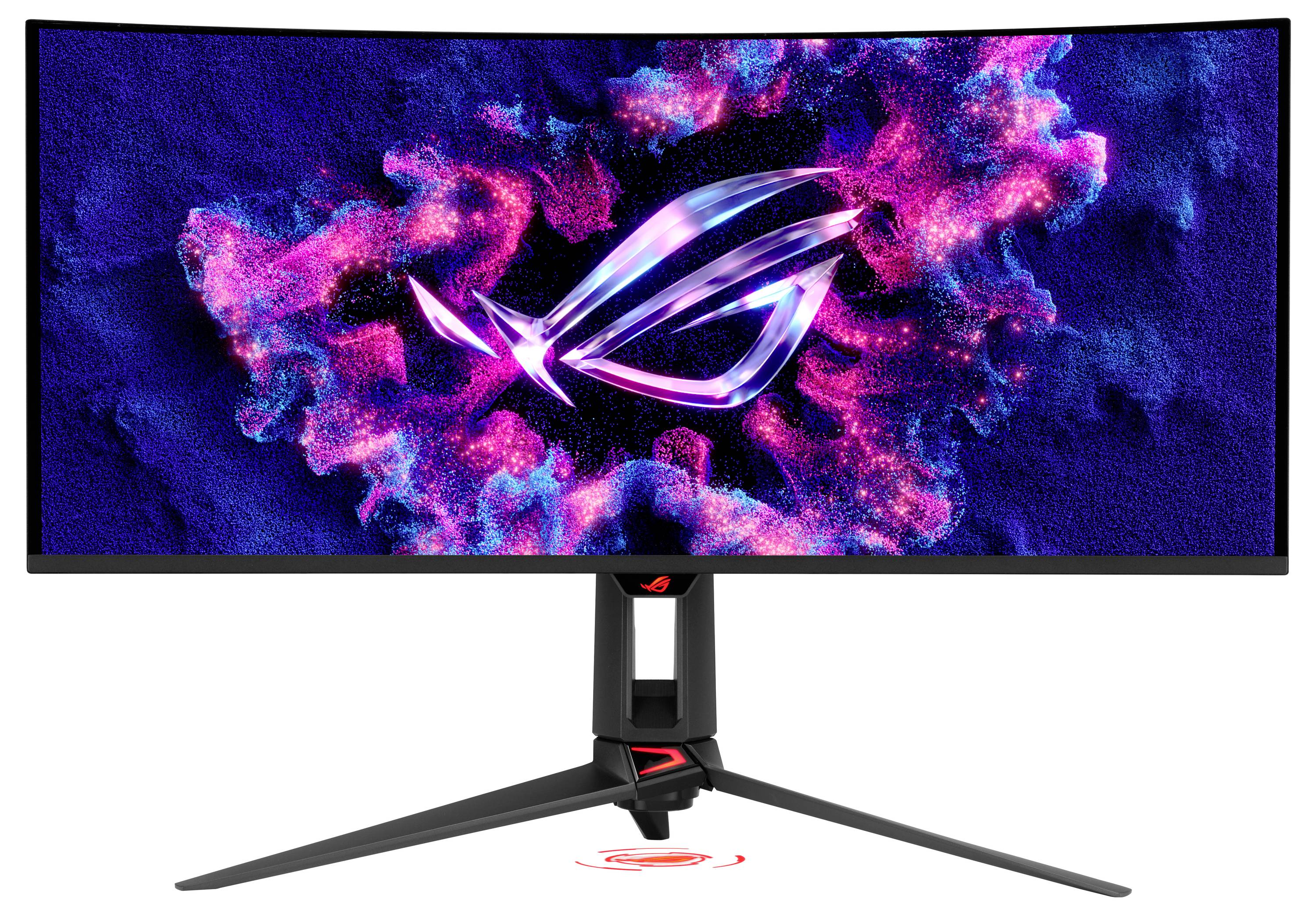 Zakrivený herný monitor na stojane s živým ružovo-modrým logom ASUS ROG na obrazovke.
