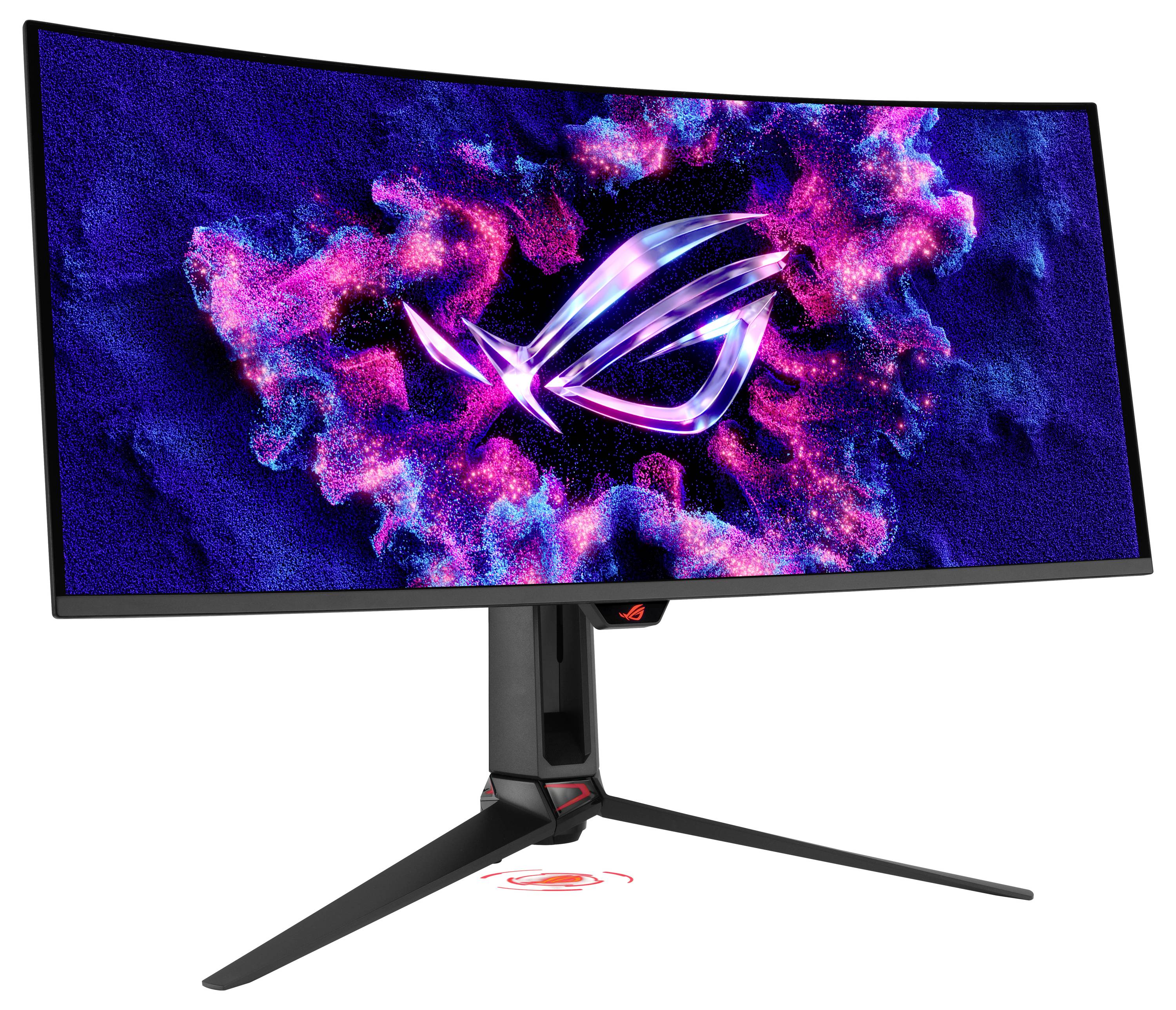 Zakrivený herný monitor na stojane, ktorý zobrazuje logo ROG na ružovom a modrom kozmickom pozadí v štýle.