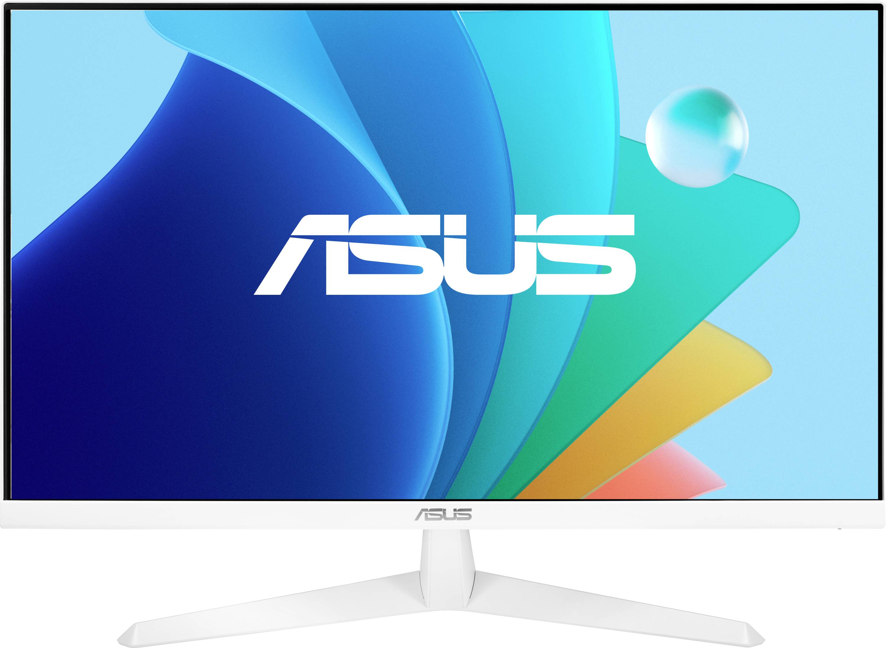Stolný monitor ASUS s bielym rámčekom a stojanom, ktorý zobrazuje farebne abstraktnú tapetu s logom ASUS na obrazovke.
