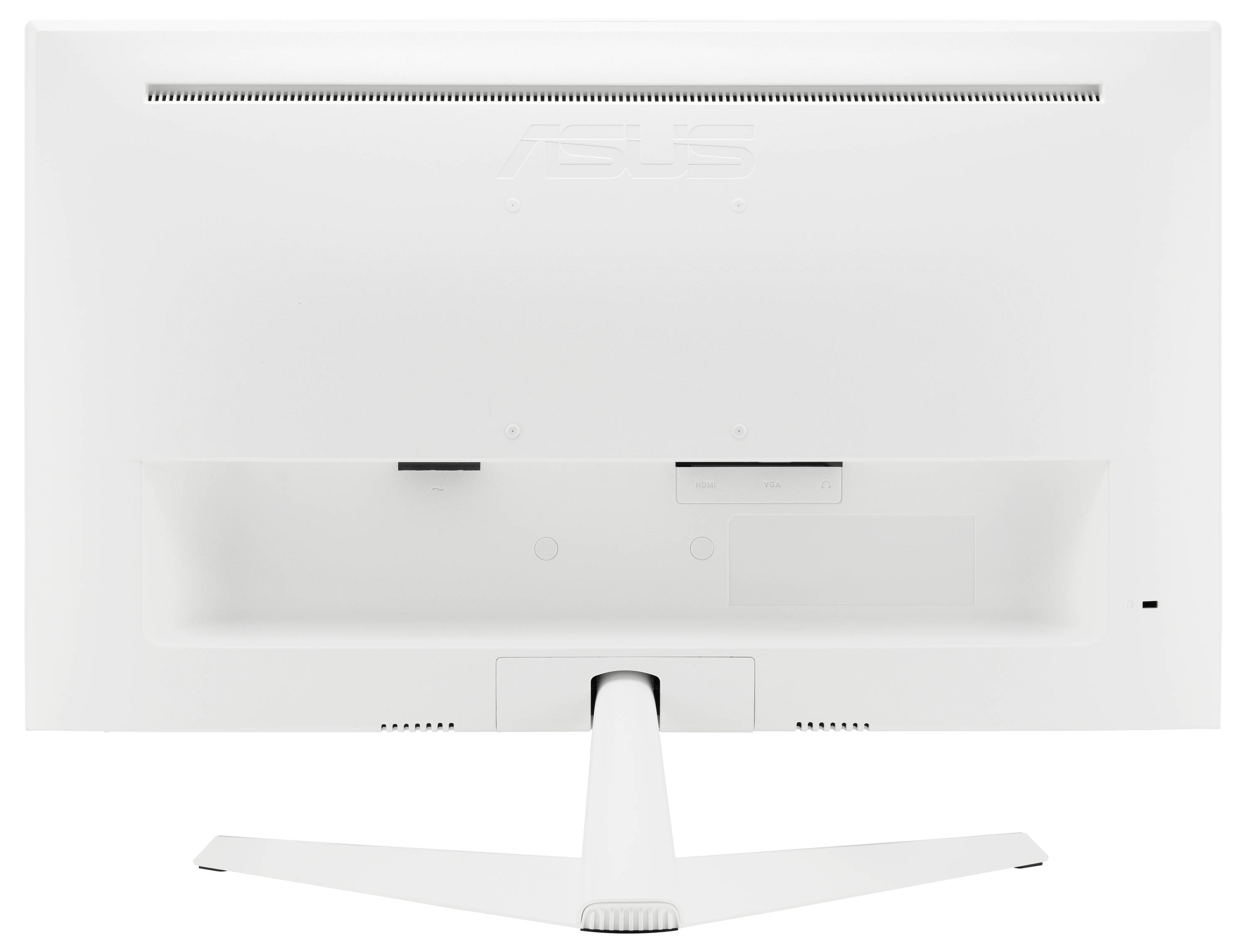 Zadný pohľad na biely stolný monitor ASUS so stojanom, ktorý ukazuje vetracie otvory a otvor na káble.