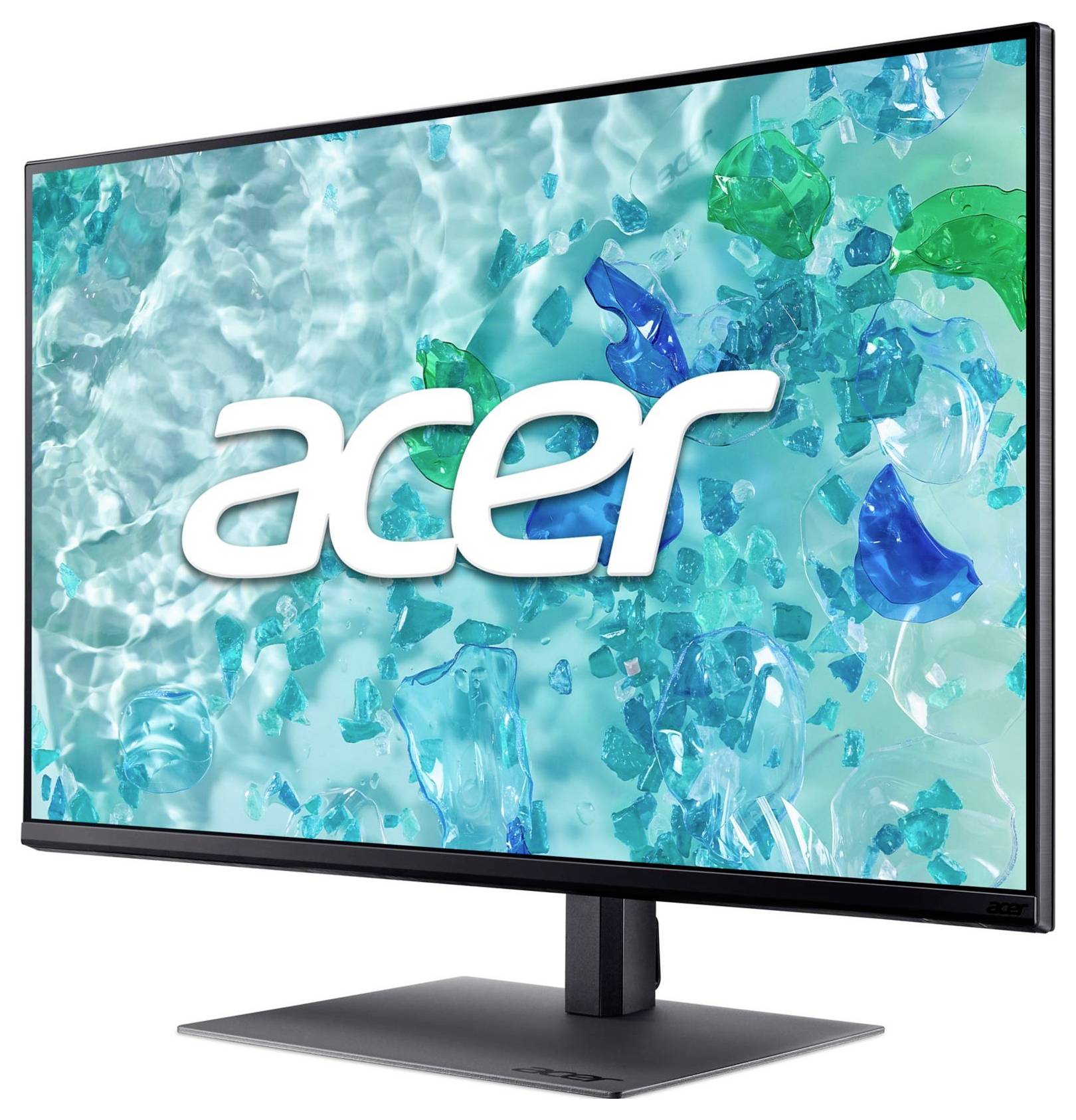 Plochý monitor Acer s čiernym stojanom, zobrazený na bielom pozadí s tyrkysovým abstraktným displejom a logom Acer na obrazovke.