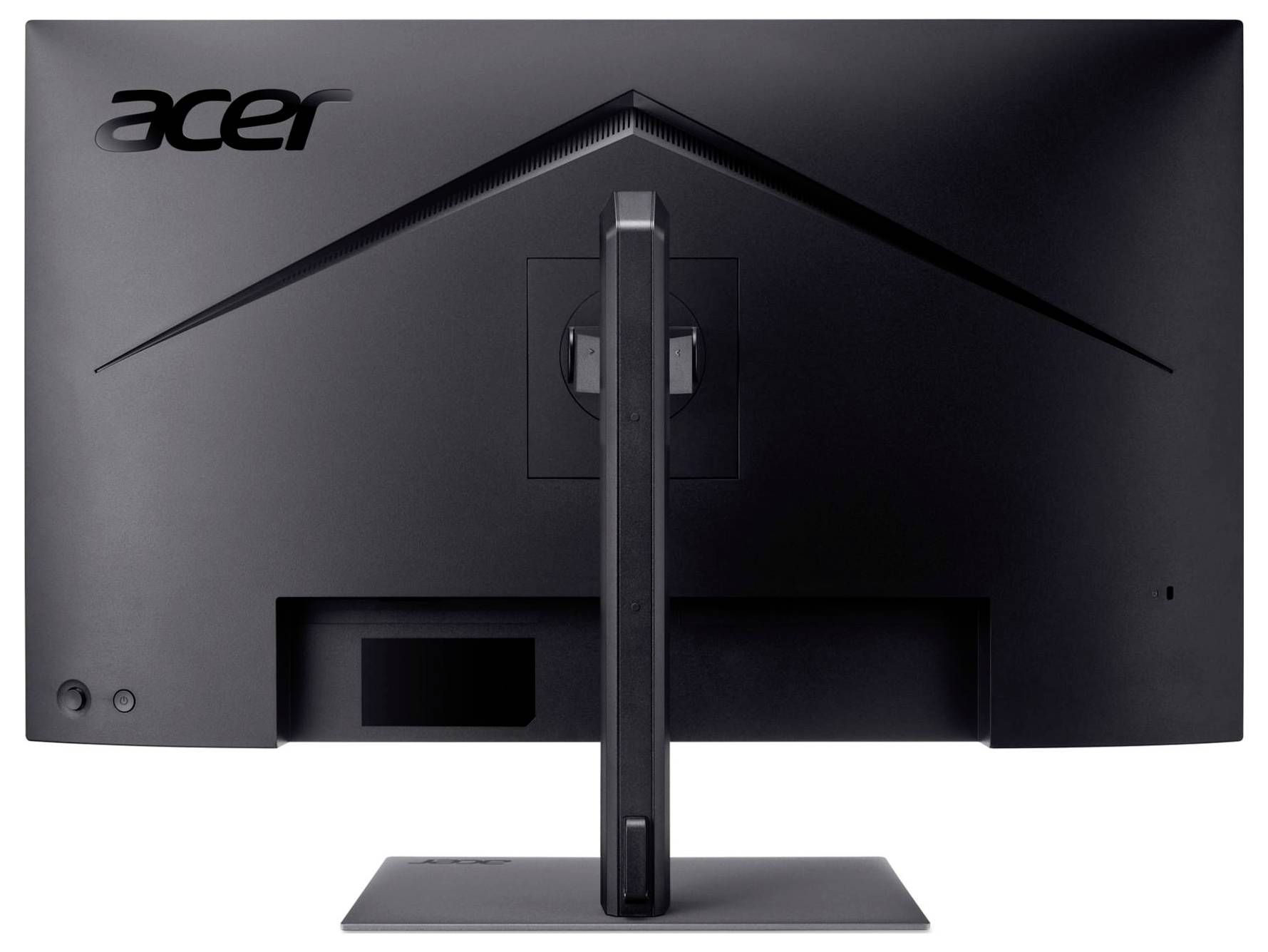Zadný pohľad na stolný monitor Acer na stojane, ktorý zobrazuje zadný panel, centrálny držiak a otvor na kábel.