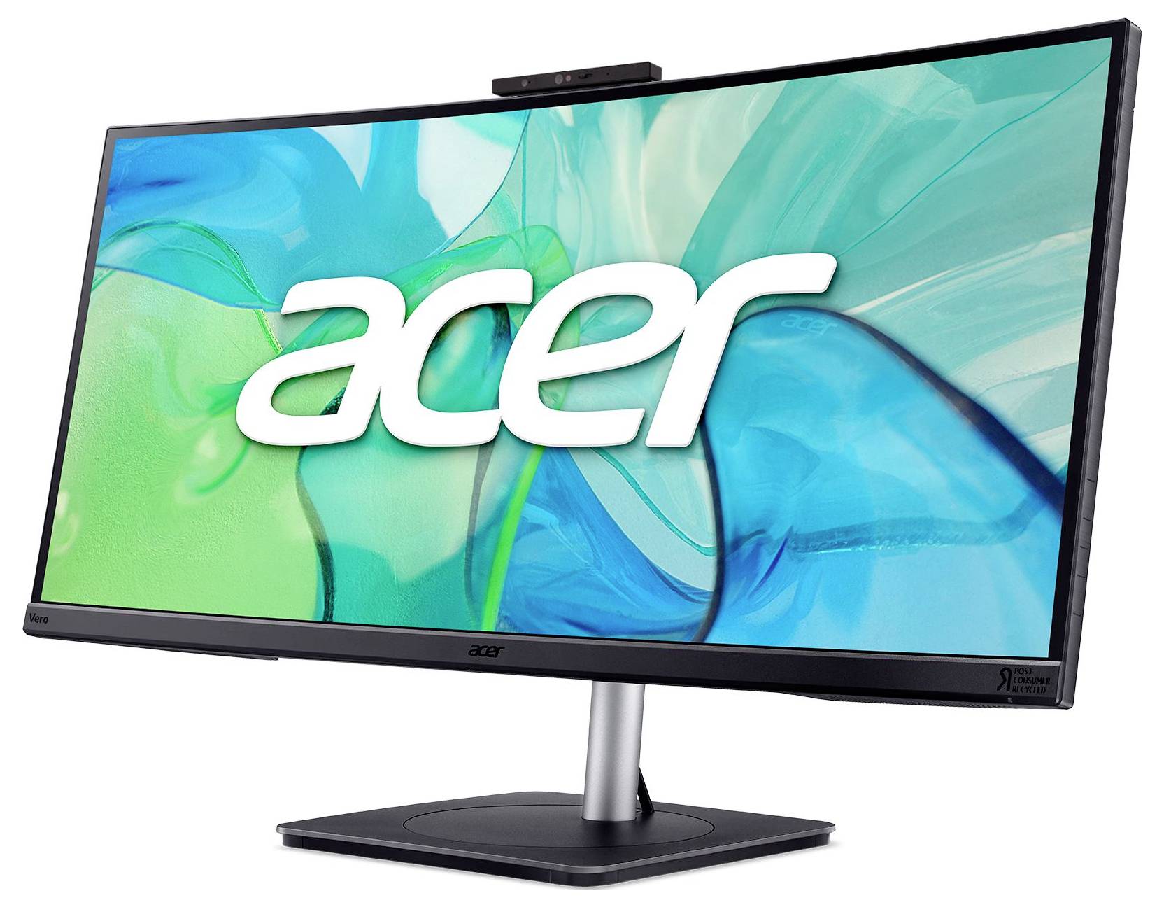 Monitor Acer pre stolný počítač s veľkým širokouhlým displejom zobrazujúcim logo Acer na modrozeleným abstraktnom pozadí, namontovaný na stojane s webkamerou na vrchu.