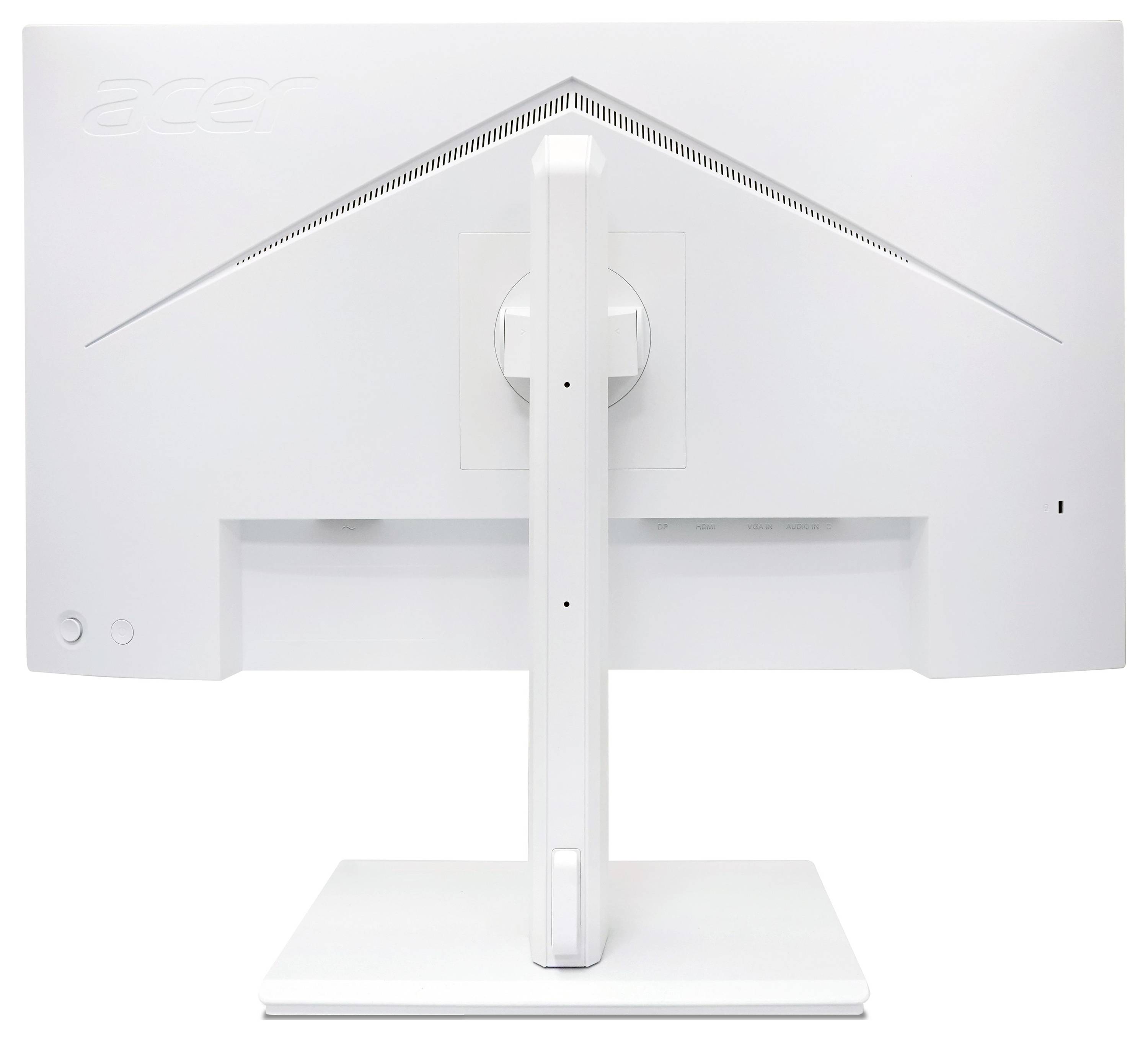 Pohľad zozadu na biely monitor Acer na obdĺžnikovom postoji, zobrazujúci centrálnu podporu a otvor na káble.