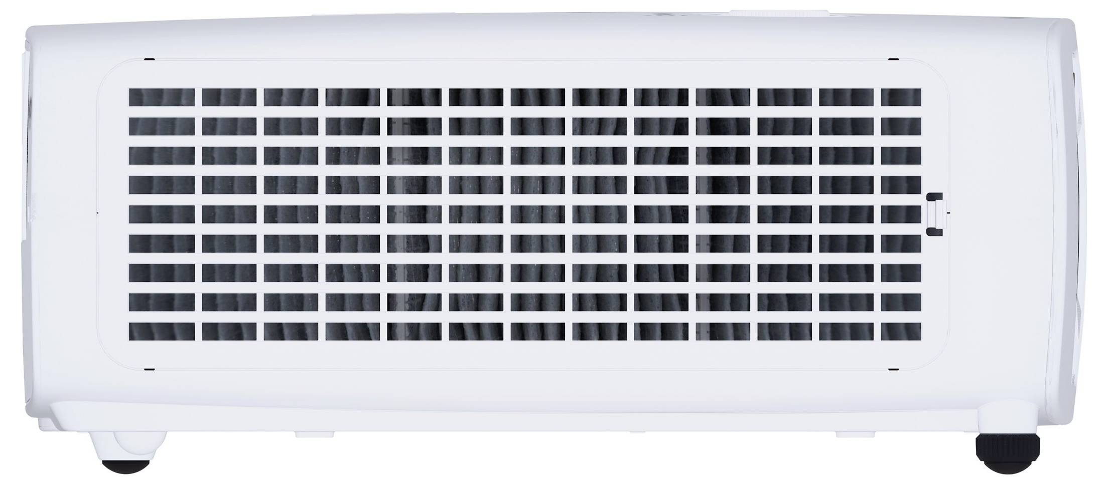 Predný pohľad na bielu prenosnú klimatizáciu s veľkou čiernou ventilačnou mriežkou a malými kolieskymi.
