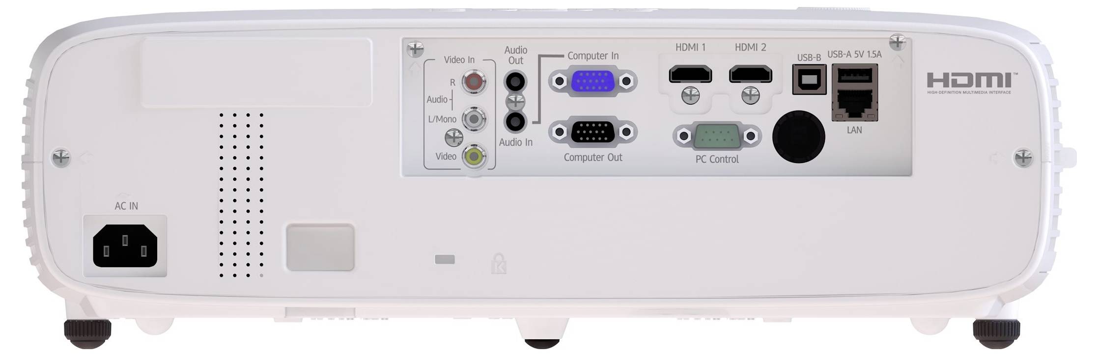Zadný panel projektora zobrazujúci vstup napájania, vetranie, audio zásuvky, VGA počítačový vstup/výstup, HDMI porty, USB, LAN a pripojenia na riadenie PC.