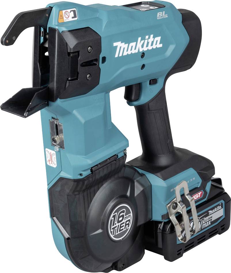 Tyrkysová bezšňúrová pásková brúska Makita s čiernym držadlom, základňou batérie a značením TIER 16 mm na bielom pozadí.