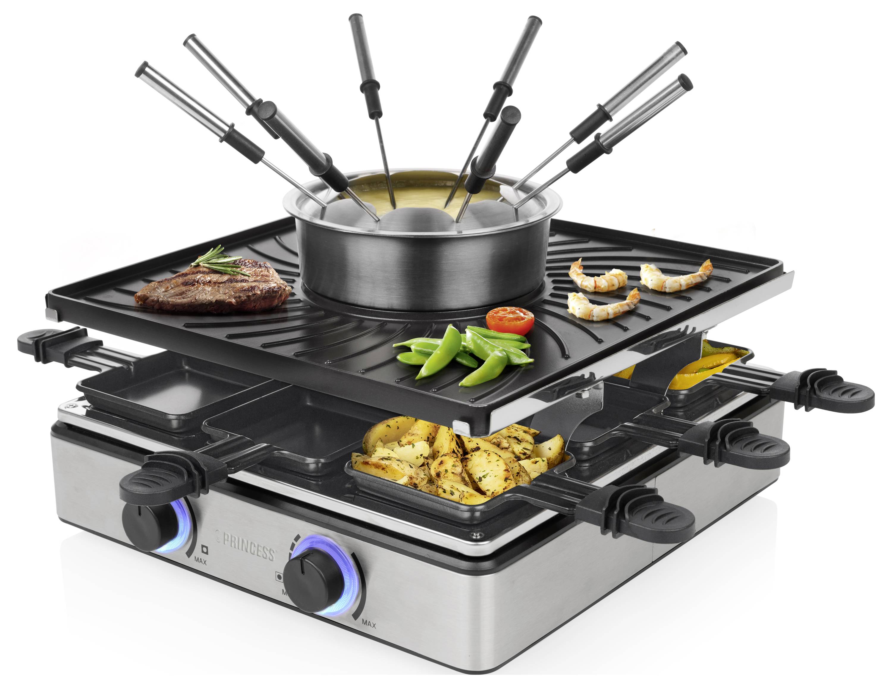Elektrický raclette gril s fondue hrncom na vrchu a malými panvicami dole na varenie steaku, kreviet, zeleniny a zemiakov