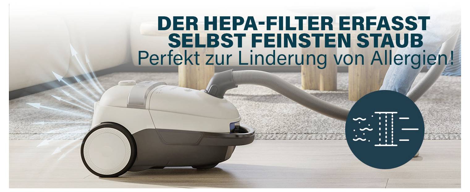 Reklamný obrázok vysávača s textom „HEPA FILTER ZACHYTÁVA AJ NAJJEMNEJŠÍ PRACH" a „Dokonalé na zmiernenie alergií!"; symbol výkonnosti filtra.