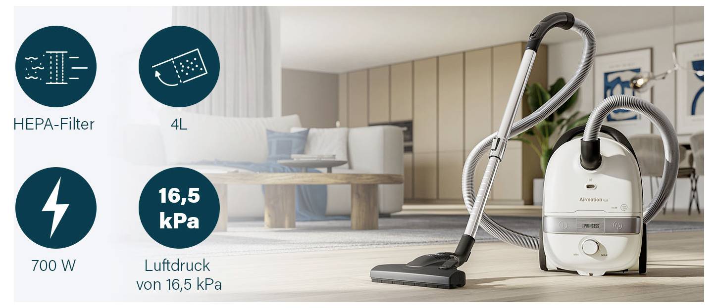 HEPA-filtračný valec do vysávača v interiéri domu, so zvýraznením kapacity 4L, výkonu 700W a nasávania 16,5 kPa s ikonami funkcií.