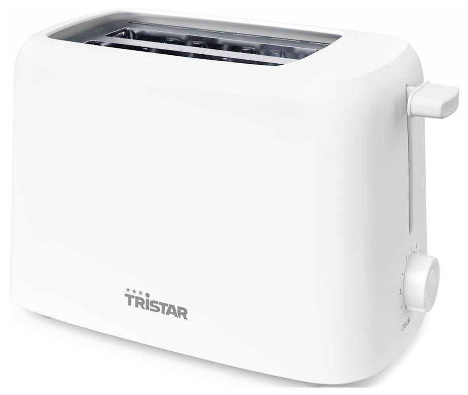 Biely dvojitý toaster Tristar s bočným ovládačom stupňa zhnednutia a páčkou na vyberanie toastu