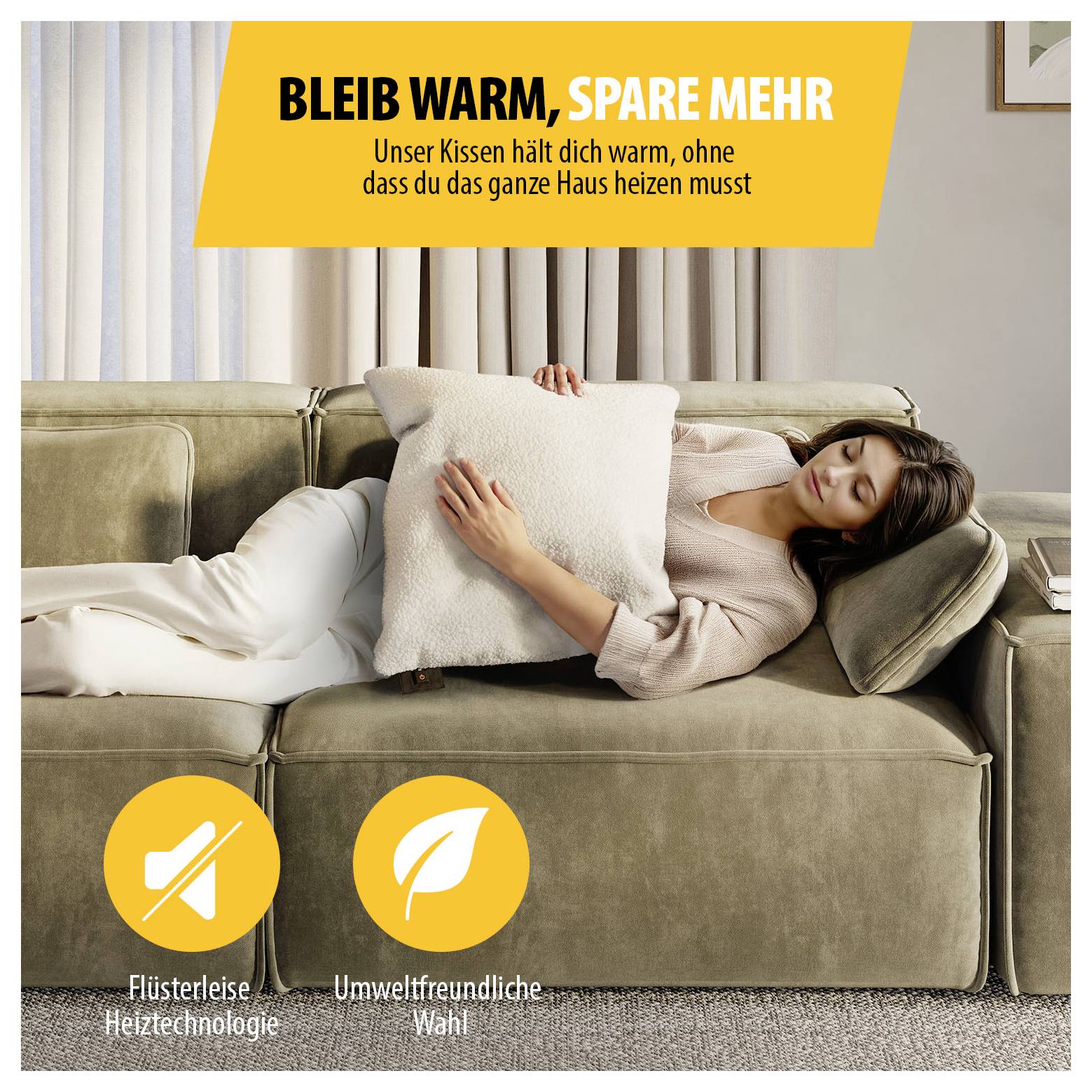 Reklamný obrázok: Žena leží na gauči s vankúšom; Text: 'BUĎTE TEPLÝ, ŠETRITE VIAC' a 'Náš vankúš vás udržiava v teple, bez potreby kúriť celý dom'; Ikony pre tichú vykurovaciu technológiu a ekologickú voľbu.