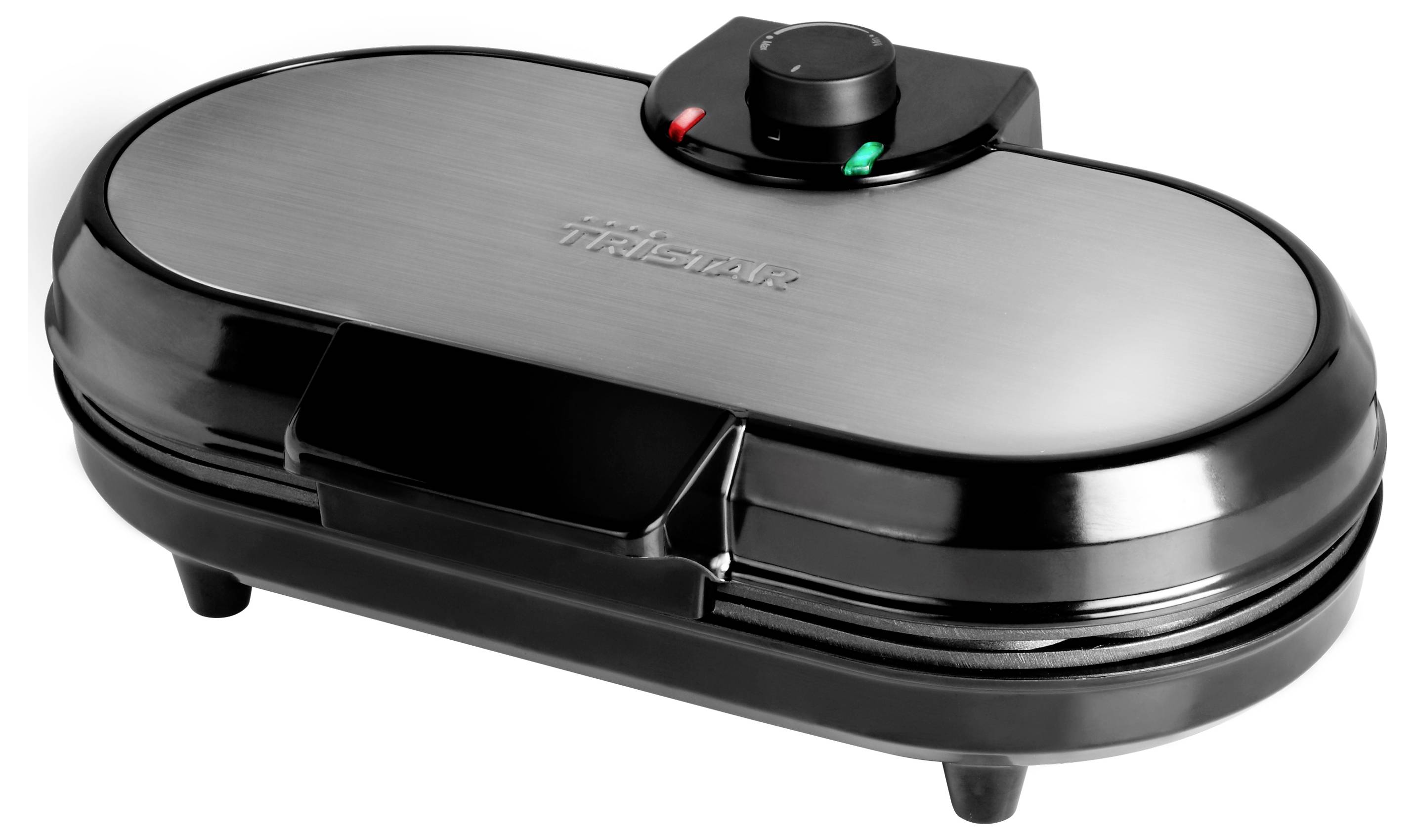 Čierno-strieborný elektrický raclette gril so okrúhlym gombíkom na ovládanie teploty na vrchu a predným držadlom, zobrazený na bielom pozadí.