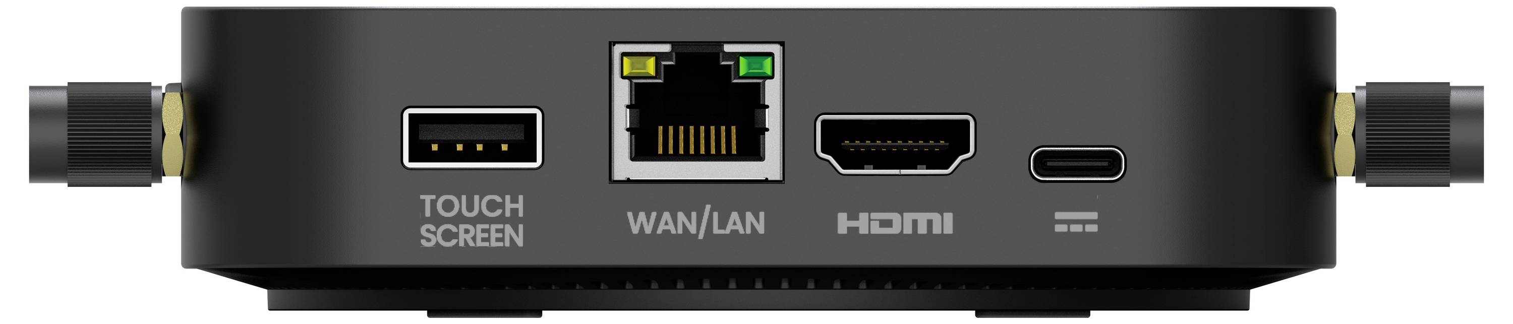 Zblížený záber na zadný panel mediálnej skrinky s portami označenými Touch Screen, WAN/LAN, HDMI a USB-C, vrátane konektorov káblov na oboch stranách.