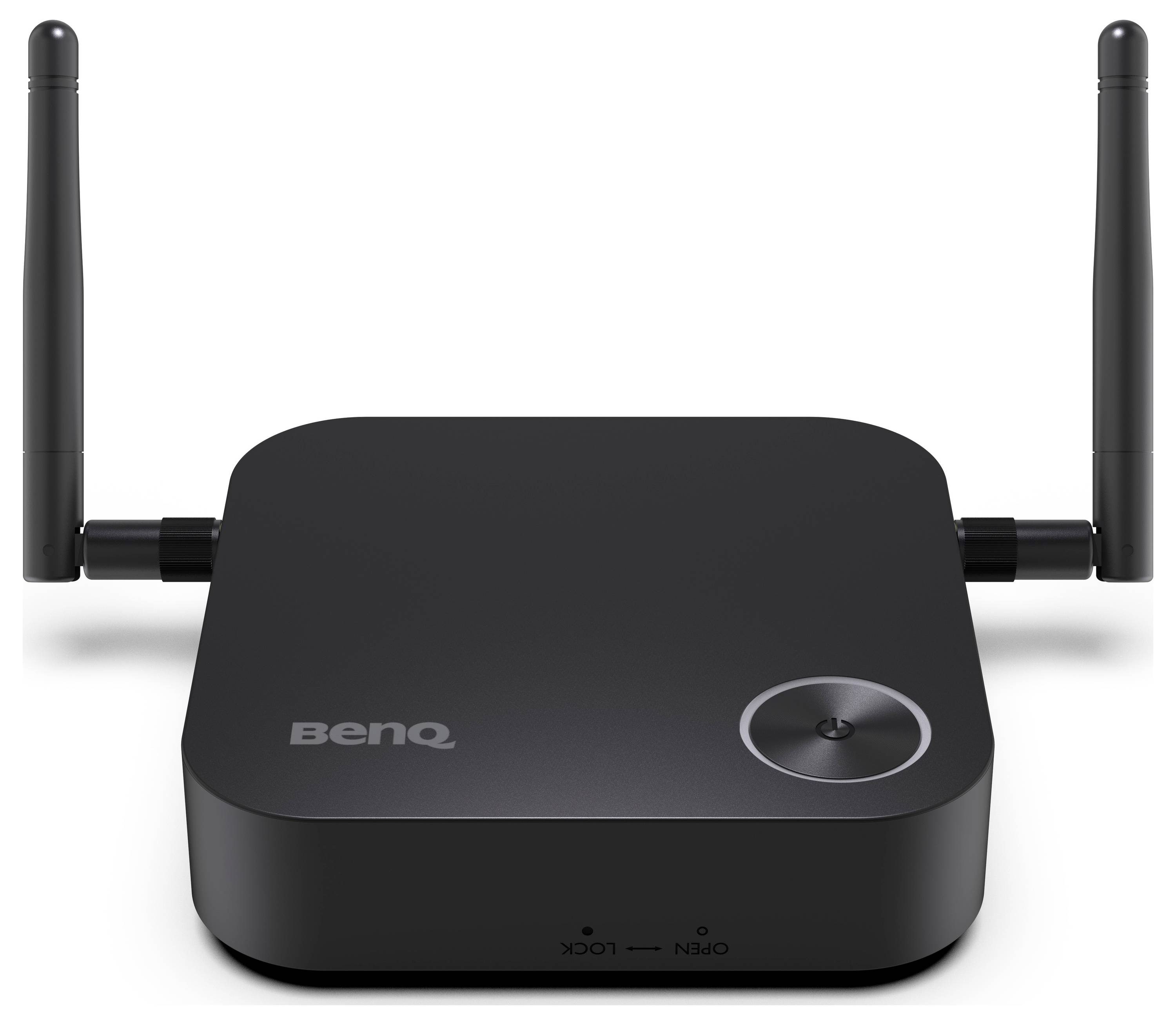 Čierne bezdrôtové zariadenie BenQ s dvoma vzpriameninami anténami a okrúhlym tlačidlom napájania na prednej strane.