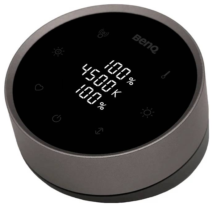 Okrúhly ovládací disk BenQ zobrazujúci 100%, 4500 K a 100% pre nastavenia teploty farby a jasu.