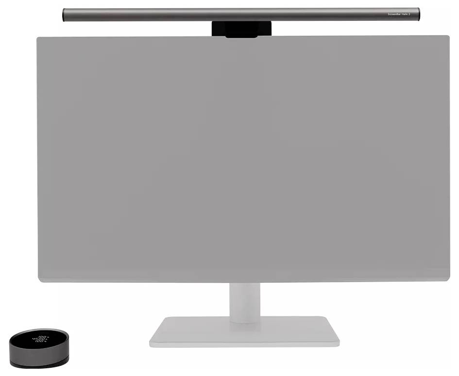 Počítačový monitor so štíhlou svetelnou lištou namontovanou na vrchu a malým okrúhlym príslušenstvom webkamery alebo reproduktora vedľa neho na bielom pozadí.