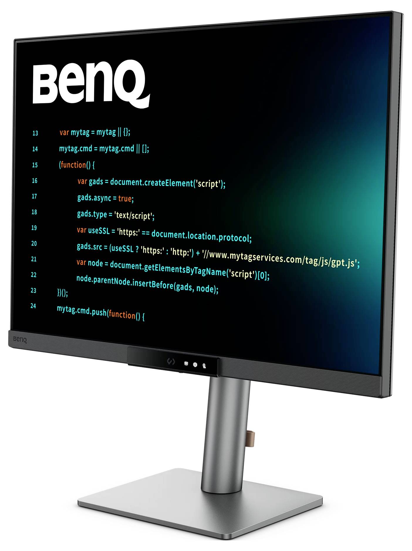 BenQ plochý monitor s kódom zobrazeným na tmavej obrazovke, umiestnený na stojane pred bielym pozadím.