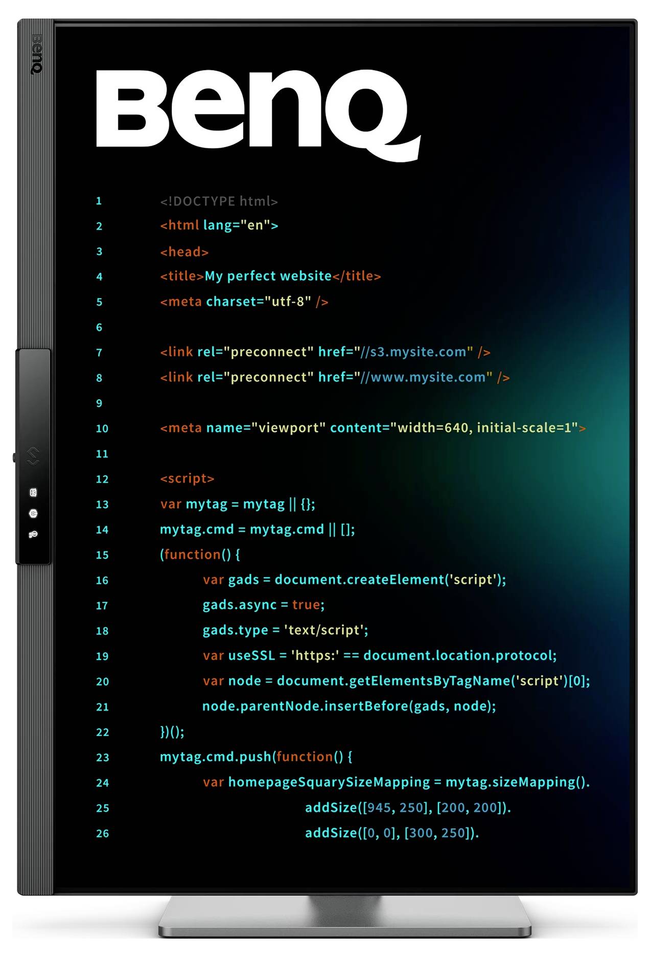 BenQ monitor zobrazujúci vzorový HTML/CSS kód na čiernej obrazovke s veľkým logom BenQ v hornej časti.