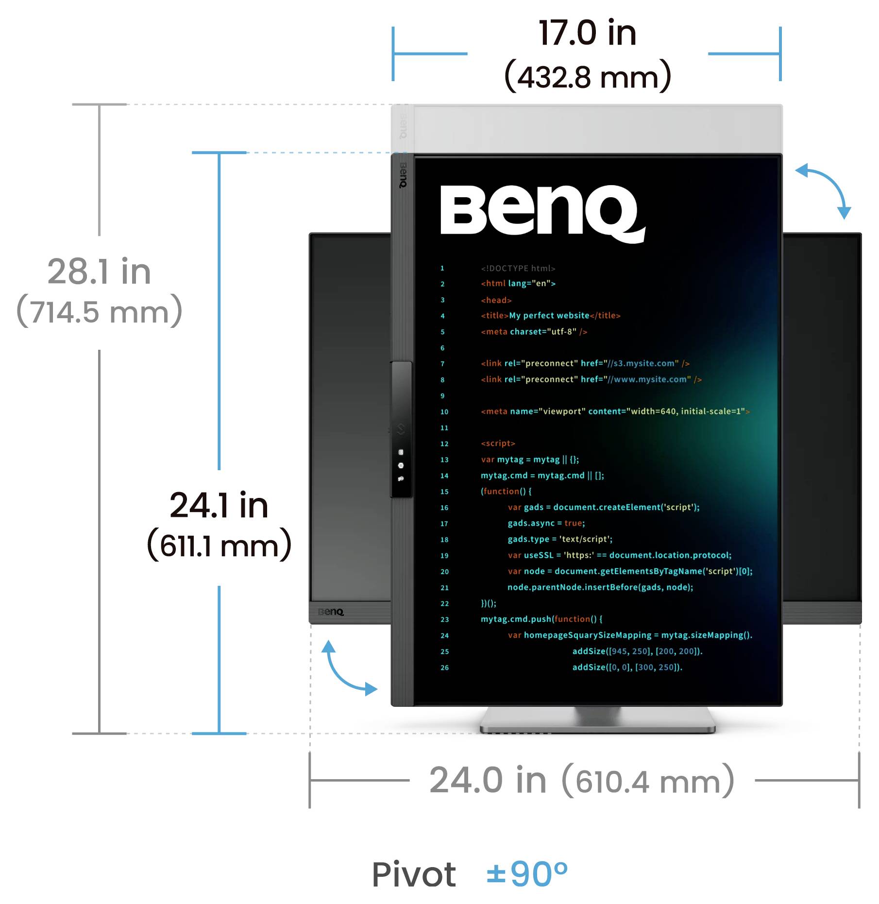 Ilustrácia monitora BenQ zobrazujúca rozmery 28,1 x 24,0 palcov, obrazovka 24,1 palcov, šírka 17,0 palcov a otáčanie v režime pivot ±90°.