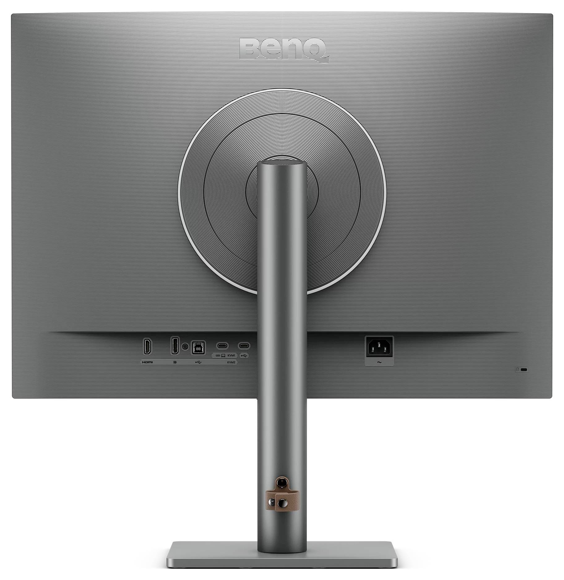 Zadný pohľad na počítačový monitor BenQ na stojane, ktorý ukazuje kruhový držiak a spodné porty.