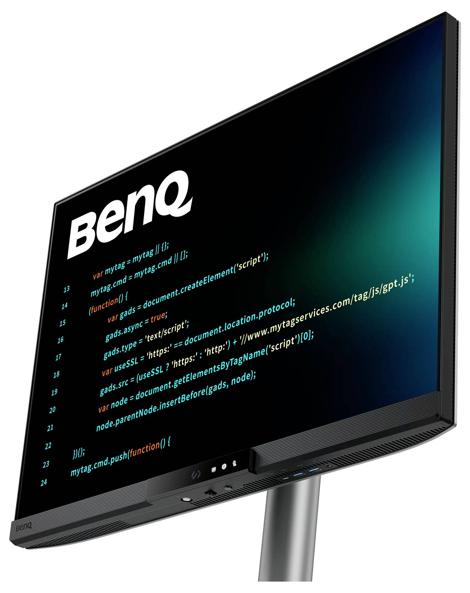 BenQ monitor zobrazujúci tmavú obrazovku s farebným kódom, umiestnený na stojane pred bielym pozadím.