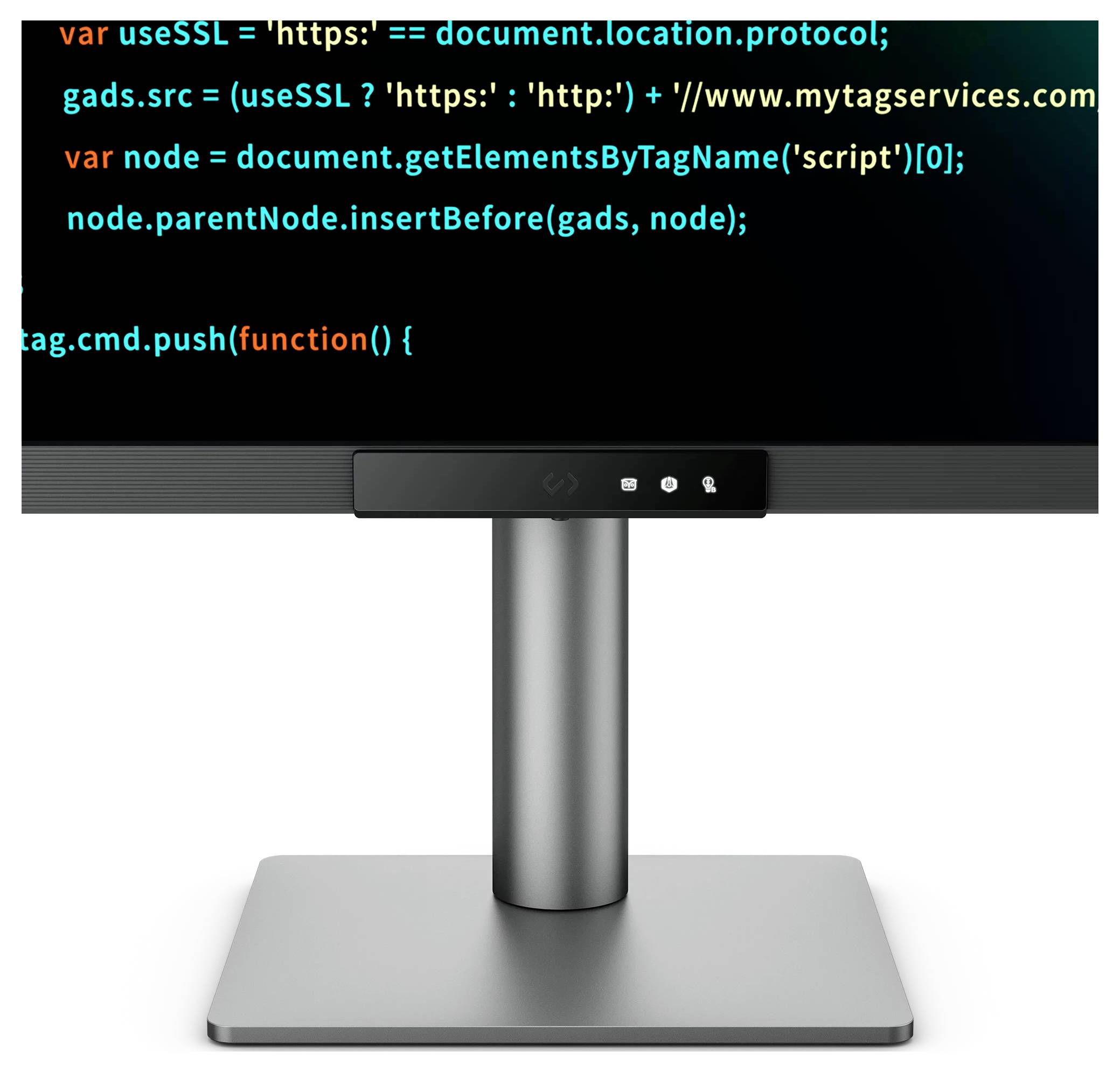 Plochý monitor na stojane zobrazuje kód na čierne obrazovke so striebristou základňou a stĺpikom na bielom pozadí.