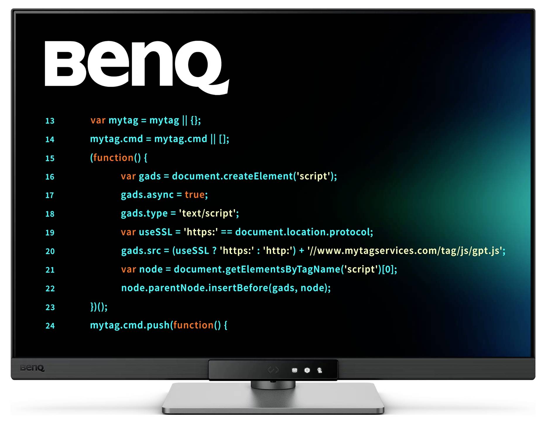 BenQ monitor zobrazujúci úryvok kódu na tmavej obrazovke s logom BenQ výrazne umiestnenom v ľavom hornom rohu.