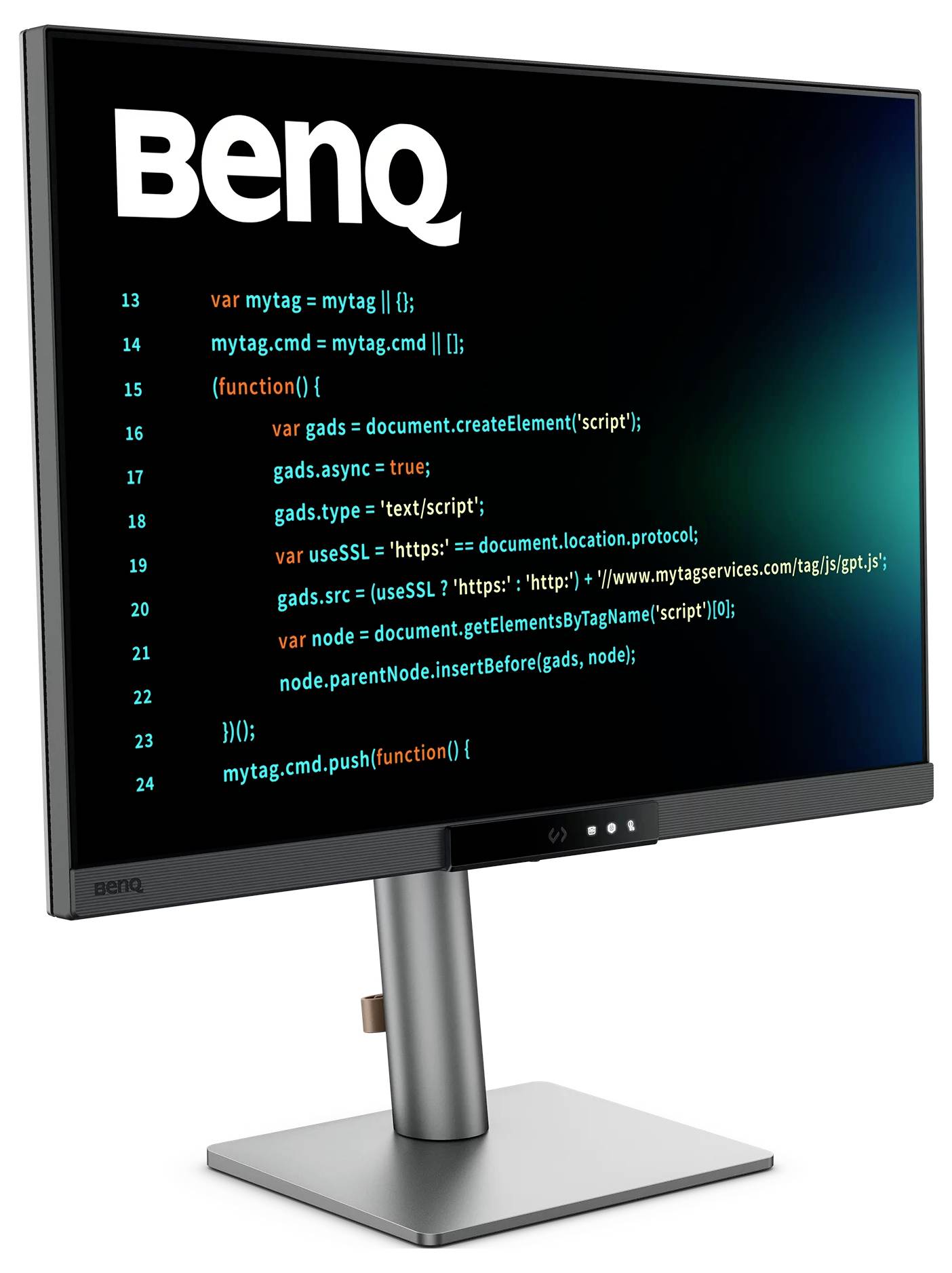 BenQ monitor na statíve zobrazujúci kód na čiernej obrazovke s logom BenQ v ľavom hornom rohu.